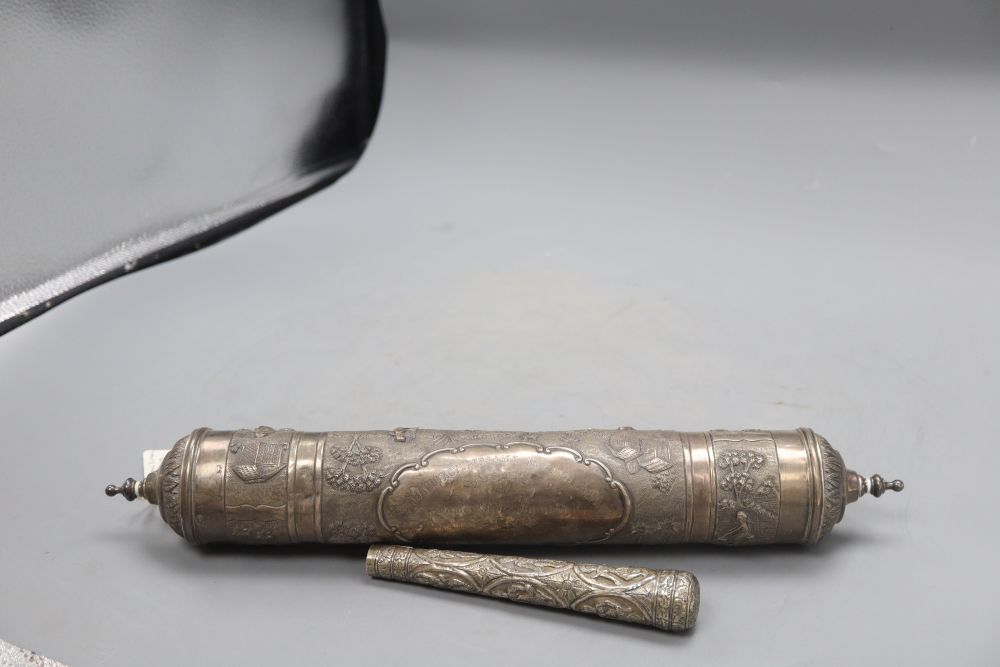A 20th century Indian white metal scroll holder, 40.4cm and a white metal parasol handle, 16cm